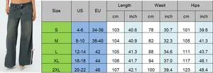 Size chart for slim fit flare jeans with measurements for S to 2XL in cm and inches