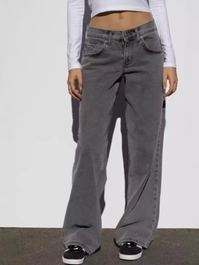 Jean gris délavé taille haute à jambes larges avec coupe droite décontractée style streetwear