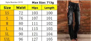 Size chart for women's distressed denim jeans including waist and hip measurements
