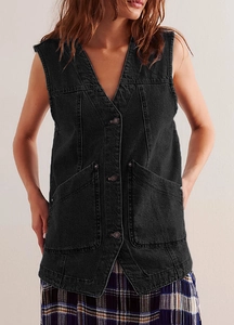 Close-up of black sleeveless denim vest featuring V-neckline and large cargo pockets