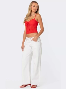 Women Sweet White Straight Leg Jeans Red Contrast Stitching Strawberry Bow Embroidery Denim Pants Retro Casual Trousers