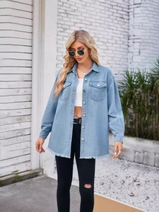 Vintage light blue washed denim jacket for women featuring fringe hem and double chest pockets