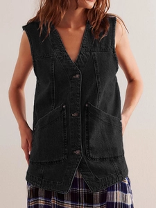 Vintage black denim vest for women with V-neck sleeveless design and functional pockets