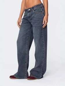 Women's vintage dark grey low waist wide leg denim jeans with washed retro street style