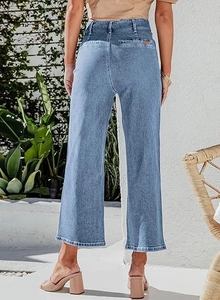 Rear view of light blue high waisted wide leg jeans with classic denim back pocket detail