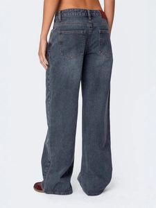 Women's wide leg baggy jeans in dark grey washed denim with retro street style design