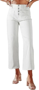 Detail view of high-waisted white wide-leg jeans with silver button fly and front patch pockets