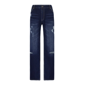 Detail showing distressed rip textures and faded whiskers on dark blue straight-leg jeans