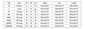 Size chart for men wide leg jeans showing waist, hip, and length measurements from M to 6XL
