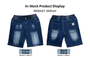 Front and back views of dark blue denim shorts with elastic waist and white logo