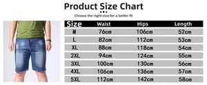 Detailed size chart for men's elastic waist denim shorts from M to 5XL for perfect fitting