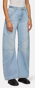 Détail d'un jean bleu clair à taille haute et jambes larges avec coutures patchwork