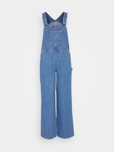 Fashionable light blue washed denim overalls with adjustable straps and wide leg fit
