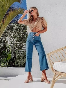 Vintage High Waisted Wide Leg Denim Jeans For Women Casual Button Fly Straight Leg Cotton Denim Trousers Ankle Length