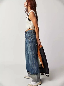 Retro washed straight-leg jeans with grey wide cuffed hem and high waist fit