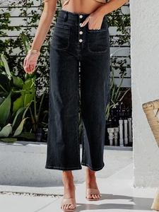 Women's vintage high waist wide leg jeans in dark grey denim with four metal buttons