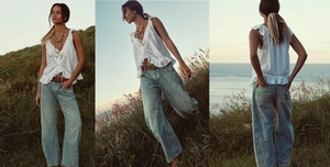 Trois vues d'un haut bohème blanc brodé sans manches et d'un jean en denim délavé vintage