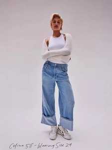 Women's vintage washed light blue wide leg jeans with cuffed hem for casual style