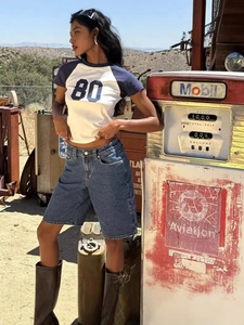 Pantaloncini di Jeans con Ricamo a Stella Retro Vita Alta Gamba Larga Dritta Bermuda Jorts Casual Streetwear Blu Scuro