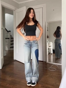 Jeans Femme Vintage Taille Basse Patchwork Cœur Lavé Délavé Jambe Droite Denim Pantalon Long Streetwear Décontracté
