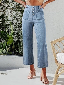 Women's vintage high waist wide leg light blue denim jeans with button fly and front pockets
