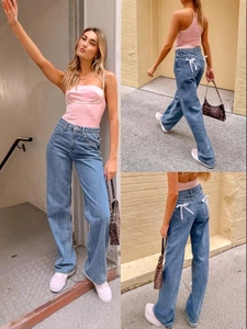 Jeans en Denim à Jambe Droite à Taille Haute pour Femmes Avec Nœud en Satin sur la Poche Arrière Pantalon Long Décontracté Lavé Bleu