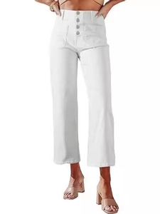 White high-waisted wide-leg denim jeans with four-button fly and straight-cut fit