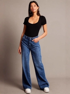 Jeans a gamba larga a vita alta per donna Pantaloni in denim dritto lavati retrò Pantaloni casual larghi streetwear blu