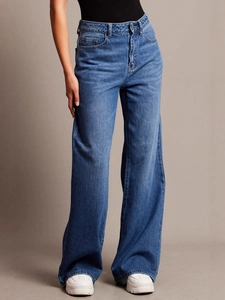 Jeans vintage a vita alta da donna a gamba larga in denim blu con vestibilità dritta