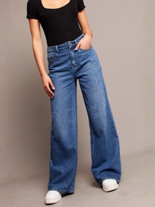 Jeans in denim blu da donna a vita alta con gamba larga e vestibilità dritta e ampia