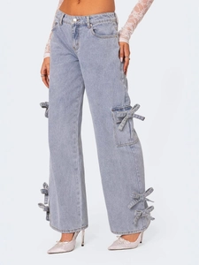 Lichtblauwe denim cargo broek met rechte pijpen en strikdetails met hoge taille