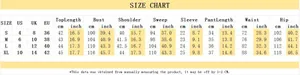 Detailed size chart for women denim set showing measurements in cm and inches