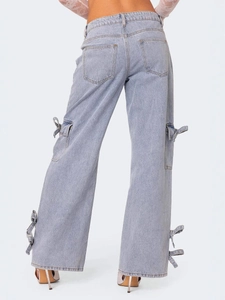 Retro lichtblauwe wijde denim cargobroek met strikdetails en grote zakken aan de zijkant