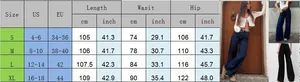 Tableau des tailles détaillé pour pantalons en jean large femme avec mesures US et UE
