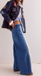 Detail of high-waist wide-leg blue denim jeans featuring white contrast side stripe panels