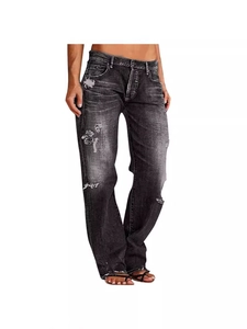 Women's Distressed Ripped Straight Leg Jeans Mid Waist Washed Denim Long Pants Streetwear Casual Trouser
