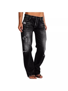 Women's distressed straight leg jeans in dark grey with vintage ripped details