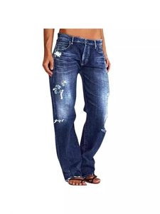 Women's distressed straight leg jeans in deep blue denim with ripped details