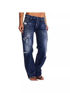 Women's distressed straight-leg denim jeans in dark blue with ripped details and a mid-waist