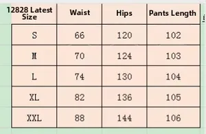 Size chart for wide leg jeans showing waist, hip, and length measurements from S to XXL