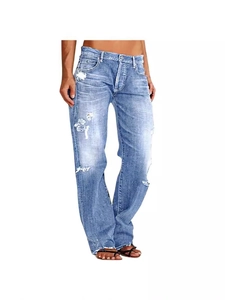 Women's light blue distressed straight-leg jeans with ripped details in street style