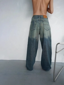 Women's vintage low waist gradient washed wide leg jeans in blue-grey denim style
