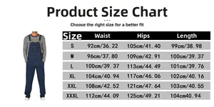 Detailed men's denim overalls size chart showing waist, hips and length in cm and inches