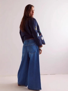 Women vintage wide leg denim jeans with high waist patchwork and embroidered badge jacket