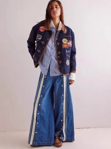 Vintage patchwork wide leg denim trousers with side buttons and contrast stripe detail