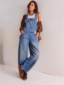 Women Retro Washed Denim Overalls Casual Wide Leg Straight Jeans Streetwear Solid Color Cotton Dungarees Jumpsuit