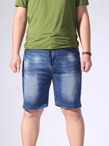 Men's Plus Size Denim Shorts Elastic Drawstring Waist High Stretch Distressed Washed Blue Five-Point Casual Jeans Shorts