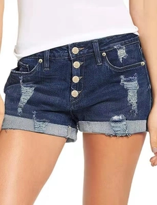 Detail view of high-waist denim shorts featuring ripped hem and button fly closure
