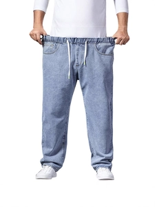 Men's light blue loose-fit wide-leg jeans with elastic drawstring waist for comfort