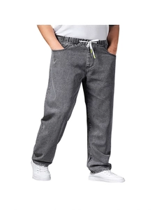 Men's loose straight leg smoky grey jeans with elastic drawstring waist in a casual fit